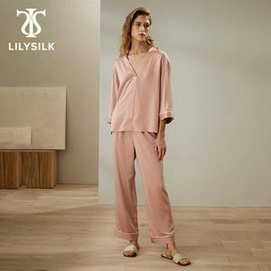 Dames slaapkleding lysilk zijden suede dames pyjama set 22 momme pullover v nek halve mouw volledige lengte slaapkleding voor slaap gratis verzending Q240528