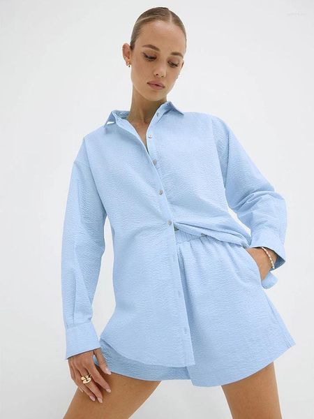 Vêtements de nuit pour femmes Linad Blue Pyjamas pour femmes 2 pièces Ensembles Casual Manches longues Femme Costumes amples avec shorts 2023 Automne Homewear