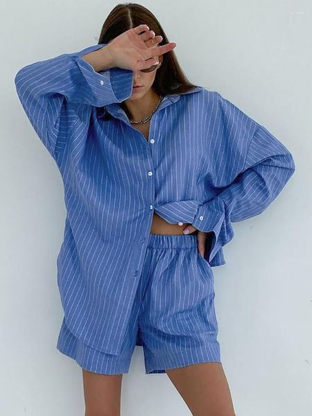 Vêtements de nuit pour femmes Linad Blue Stripe Pyjamas pour femmes 2 pièces Ensembles en vrac à manches longues Homewear Femme Costumes décontractés avec short Automne