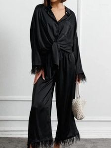 Dames Nachtkleding Linad Veren Pyjama Voor Vrouwen 2 Delige Sets Zwarte Lange Mouw Vrouwelijke Losse Broekpakken Herfst Casual Nachtkleding