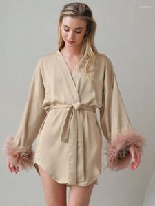 Vêtements de nuit pour femmes Linad plumes Robes pour femmes décontracté à manches longues col en V ceintures Patchwork peignoir femme été mode femme vêtements