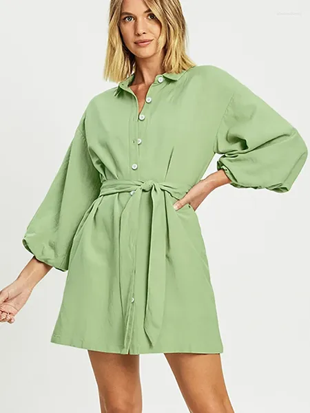 Vêtements de nuit pour femmes Linad Green Pyjamas pour femmes Casual Trois-Quarts Manches Femme Lâche 2023 Automne Nightwear Ceintures Solid Homewear