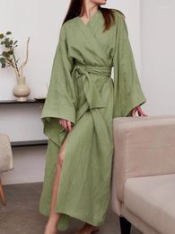 Dames nachtkleding Linad groene gewaden voor dames Losse lange mouwen V-hals Sjerpen 2024 Herfst Badjas Dames Casual Nachtkleding Effen pyjama