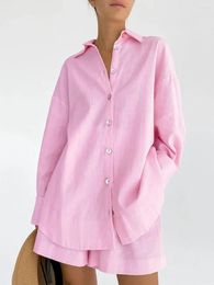 Vrouwen Nachtkleding Linad Losse Huiskleding 2 Delige Sets Roze Lange Mouw Vrouwelijke Casual Pakken Met Shorts 2024 Lente Effen