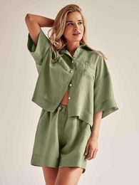 Vêtements de nuit pour femmes Linad vêtements de nuit amples 2 pièces ensembles vert à manches courtes femme costumes décontractés avec short 2023 pyjamas d'été