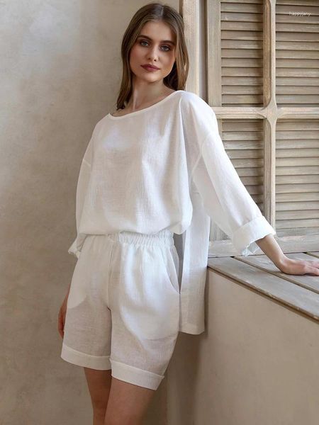 Dames nachtkleding Linad losse pyjama voor dames 2-delige sets Wit O-hals met lange mouwen Vrouwelijke casual pakken met shorts Herfst nachtkleding