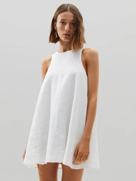 Ropa de dormir para mujer Linad Vestido de noche blanco Mujeres Algodón Sin mangas O Cuello Lace Up Vestidos de mujer sólidos 2024 Verano Casual Pijamas femeninos