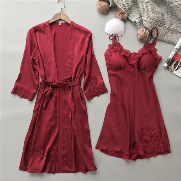 Vêtements de nuit pour femmes Lingerie Femmes Soie Dentelle Robe Robe Chemise De Nuit Kimono Ensemble Rose Pour Chemise De Nuit Peignoir Ropa De Mujer