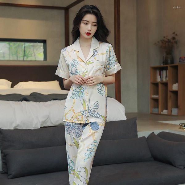 Vêtements de nuit pour femmes Lisacmvpnel 2023 Style Pyjamas Printemps Et Été Glace Soie À Manches Courtes Costume Imprimer Mode Pyjamas