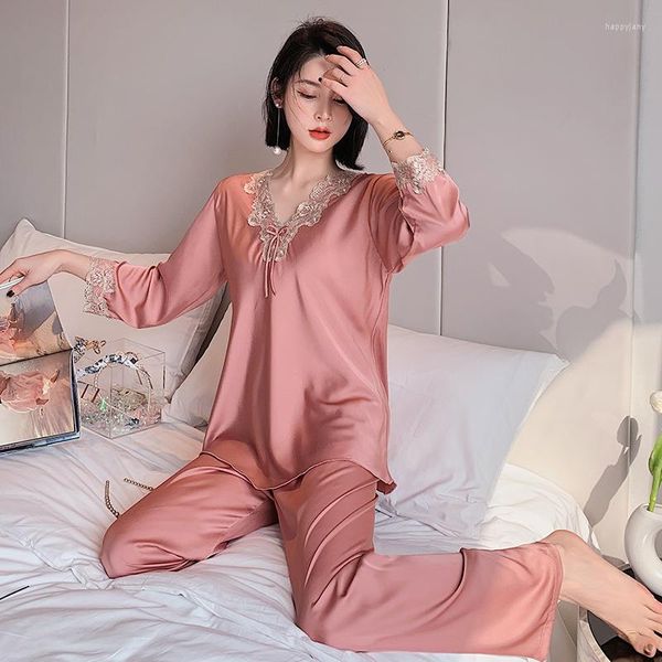 Vêtements de nuit pour femmes Lisacmvpnel Ice Silk Costume à manches longues pour femmes Pyjamas Dentelle Sexy Ensemble de pyjama ample