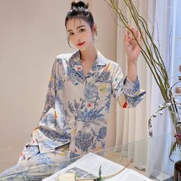 Vêtements de nuit pour femmes Lisacmvpnel printemps pyjama ensemble glace soie pyjamas à manches longues imprimé mode maison vêtements costume pyjamas