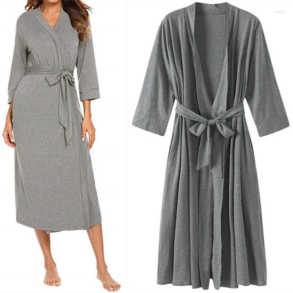 Vêtements de nuit pour femmes Long coton Kimono Robes pour femmes col en v 4/3 manches léger avec ceinture Robe automne été chaud peignoir décontracté doux
