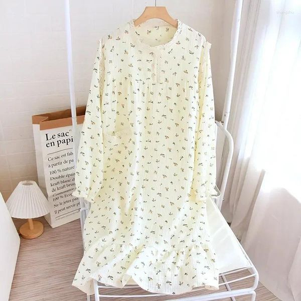 Ropa de dormir de las mujeres de cuello largo de verano para la impresión y pijamas de manga linda vestido de noche vestido de algodón floral encaje primavera redondo dulce