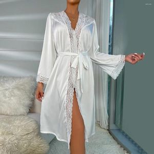 Vêtements de nuit pour femmes à manches longues à la maison robe de chambre blanche dentelle mariée mariée bain robe robe élégante chemise de nuit femmes satin kimono sleepwea