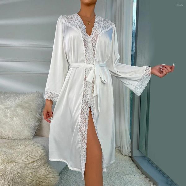 Ropa de dormir para mujer Manga larga Vestido de casa Vestido de encaje blanco Boda Novia Bathr Obe Vestido Elegante Camisón Mujeres Satén Kimono Sleepwea