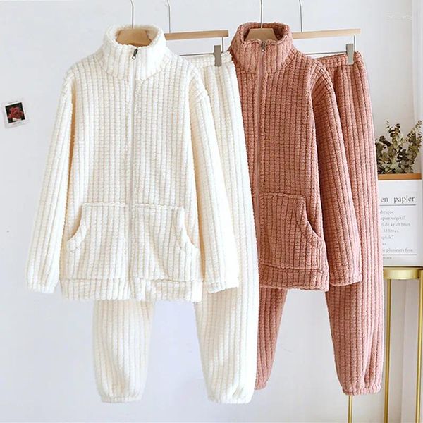 Ropa de dormir para mujer, pijamas de manga larga para mujer, Otoño Invierno, franela gruesa, conjunto de cárdigan cálido, ropa para el hogar, pijamas femeninos, traje para hombre