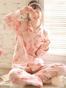 Vrouwen Nachtkleding Lange Mouw Pyjama Set Voor Vrouwen Katoen 2 Stuks Nachtkleding Leuke Perzik Print Homewear Herfst Lounge Pyjama