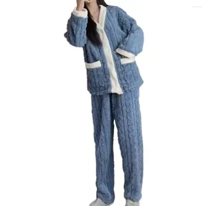 Vêtements de nuit pour femmes, manches longues, col en v, ensemble d'hiver confortable pour femmes, pyjama thermique en peluche avec hauts et pantalons à jambes larges