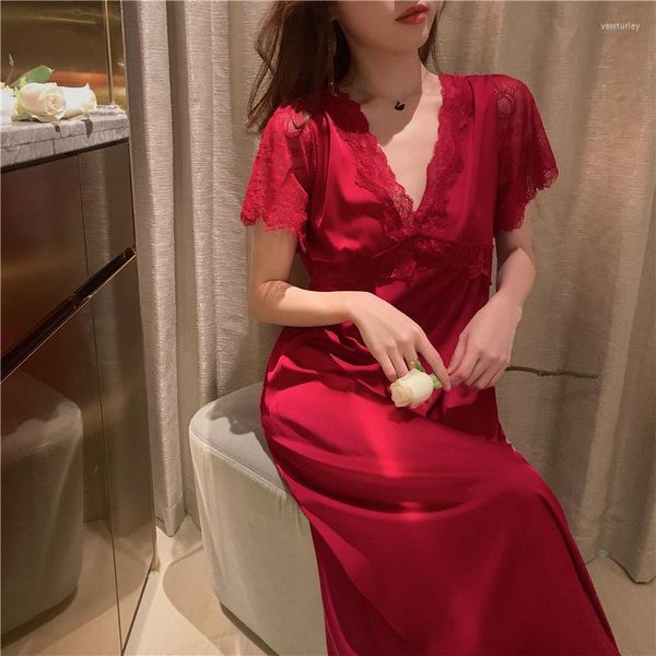 Vêtements de nuit pour femmes longue douce à manches courtes chemise de nuit femmes décontracté soie rayonne chemise de nuit avec coussin de poitrine Sexy dentelle col en v robe de maison