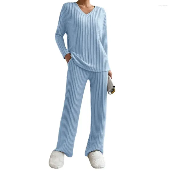 Ensemble pyjama coupe ample pour femmes, vêtements de nuit, tricot côtelé, pull confortable, pantalon avec poches à col en V, vêtements de maison pour l'automne et l'hiver