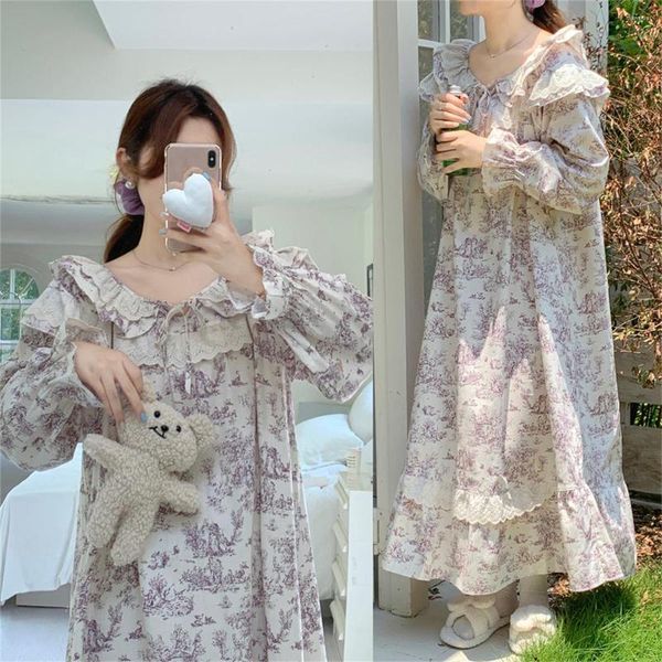 Ropa de dormir para mujer Estampado floral suelto Mujer Camisón de algodón Encaje Primavera Otoño Manga larga Princesa Sleepdress Ropa para el hogar Camisón S351