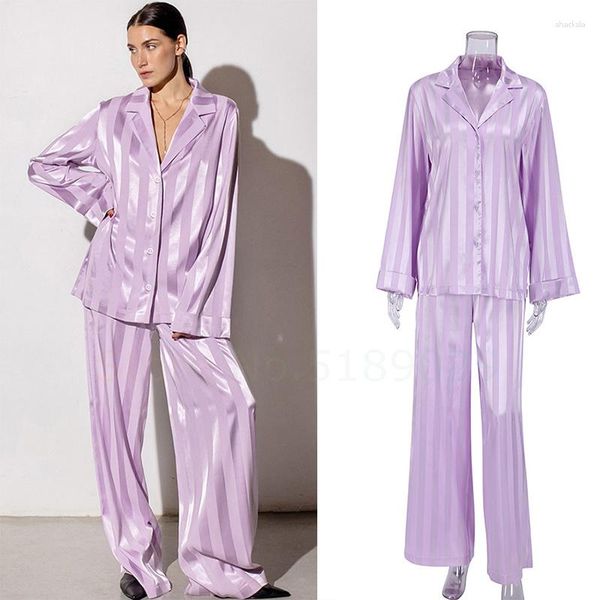 Vêtements de nuit pour femmes ample violet rayé pyjamas ensemble à manches longues rayonne soie maison costume luxe pantalon 2 pièces vêtements de nuit vêtements de nuit