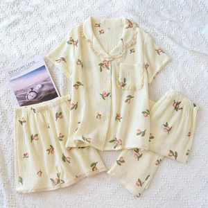 Ropa de sueño para mujeres impresión lóbata pijamas de verano 3 piezas de mangas cortos pantalones pantalones de algodón de algodón damas hogar