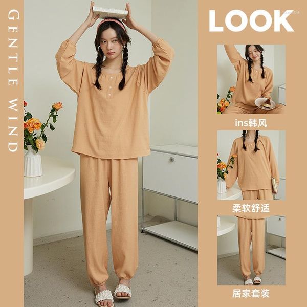 Vêtements de nuit pour femmes Loungewear Femmes Printemps Pyjama Solide Col Rond À Manches Longues Pyjama Couleur Bonbon Casual Confortable Ensembles De Vêtements De Maison