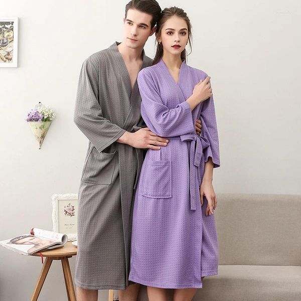 Femmes de nuit amoureux été gaufre peignoirs hommes femmes sucer l'eau kimono chemises de nuit grande taille spa robe de bain 3XL