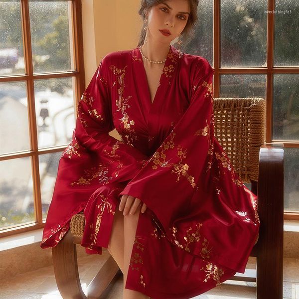 Ropa de dormir de lujo para mujer, Kimono Borgoña, albornoz de boda para mujer, bata de baño de novia, camisón elegante con flores bronceadas para la mañana