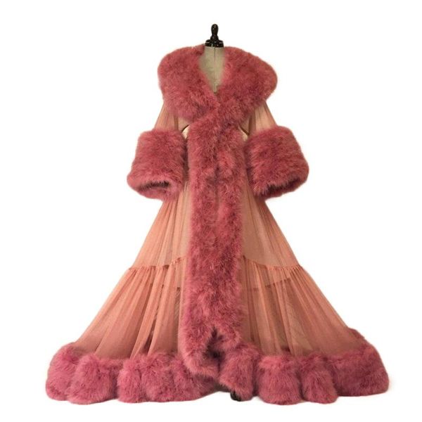 Vêtements de nuit pour femmes luxe fourrure robe de nuit froncé Tulle robes de mariée Chic hiver col en V manches longues sur mesure dressing pyjamas