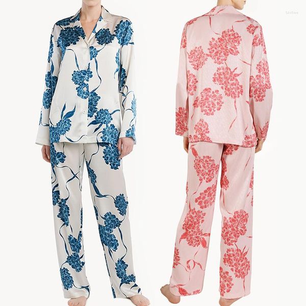Pijama de lujo con hortensias para mujer, pantalones de manga larga, traje de mujer, ropa de casa de satén suave, conjunto de dos piezas, Sexy