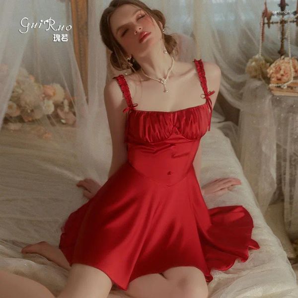 Ropa de dormir para mujer, pijamas sexis de lujo, estilo francés, rojo Retro, cintura, temperamento, autocultivo, conjunto de camisón con tirantes para chica