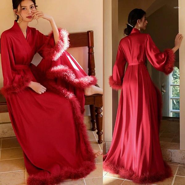 Ropa de dormir para mujer Mujeres de lujo Satén Casa Bata Lencería íntima Pluma Novia Boda Longitud del piso Robe Casual KimonoNightwear