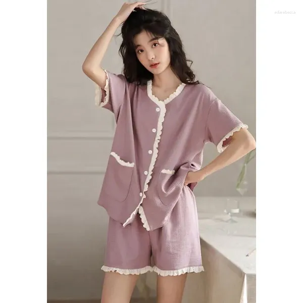 Vêtements de sommeil pour femmes M-2xl Pajamas pour femmes sets Summer Summer à manches courtes Short 2pcs costumes féminins solides en vrac dames tenues HW48