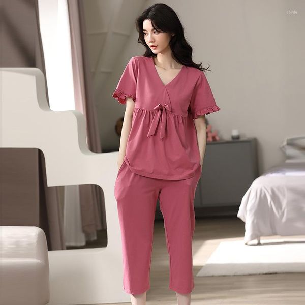 Vêtements de nuit pour femmes M-3XL Summer Modal 2PCS Pyjamas Set Femmes Sexy V-Neck Nightwear Short Sleeve Calf-Length Pants Loose Cute Bow Homewear