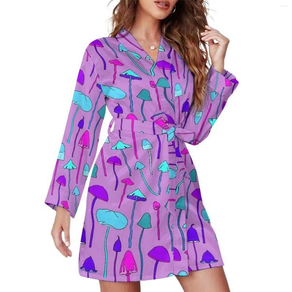 Vêtements de nuit pour femmes Champignons magiques Pyjama Robe rose et bleu à manches longues Pyjamas décontractés Robes femmes col en V joli peignoir modèle quotidien