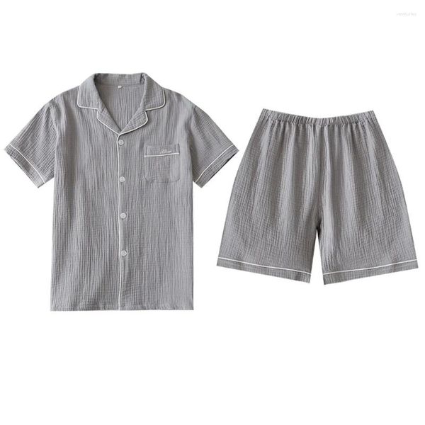 Ropa de dormir para mujer, conjunto de verano para hombre, ropa de dormir con botones de satén de manga corta para mujer (talla gris)