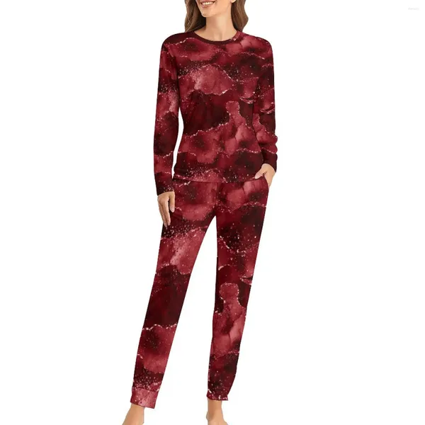 Pyjama à imprimé marbre pour femmes Spring Spring Red Gold Liquid Leisure Oversize Womens Long Manoues Design Beld Set