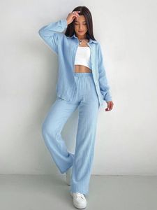 Vêtements de nuit pour femmes Marthaqiqi bleu coton pyjamas ensembles à manches longues col rabattu vêtements de nuit pantalons à jambes larges Femme pyjamas costumes