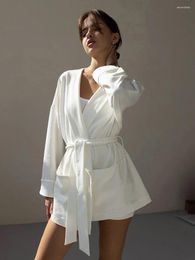 Vêtements de nuit pour femmes Marthaqiqi Casual Robe à manches longues Col rabattu Peignoir à lacets Chemises de nuit Blanc Tricoté Dames Vêtements de nuit