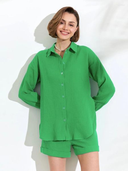 Vêtements de nuit pour femmes Marthaqiqi coton costume ample à manches longues pyjama col rabattu chemises de nuit shorts décontracté dames ensemble de vêtements de nuit