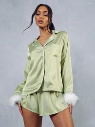 Damen-Nachtwäsche Marthaqiqi Federn Frauen-Set Langarm-Nachtwäsche Sexy Umlegekragen-Nachthemden Shorts Kausaler Damen-Pyjama-Anzug