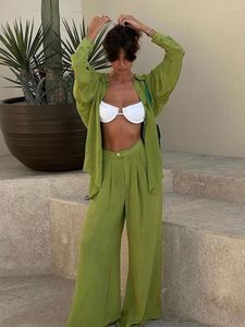 Dames slaapkleding Marthaqiqi Green Ladies Nightwear Suits Long Sleeve Pyjama Turn Down Collar Wide Leg Pants Casual Women Home Kleding