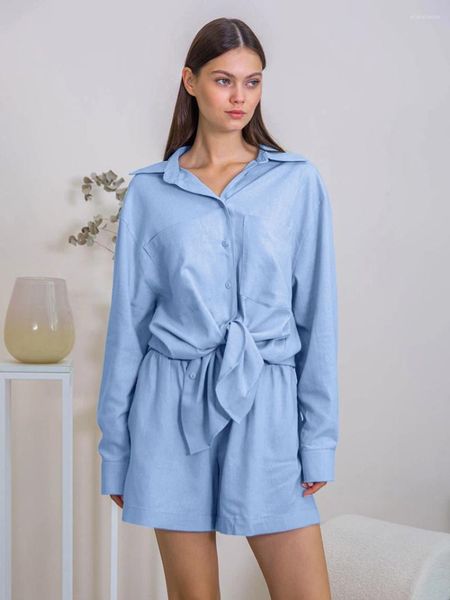 Vêtements de nuit pour femmes Marthaqiqi lâche femmes chemises de nuit costume à manches longues vêtements de nuit col rabattu shorts coton dames pyjamas 2 pièces ensemble