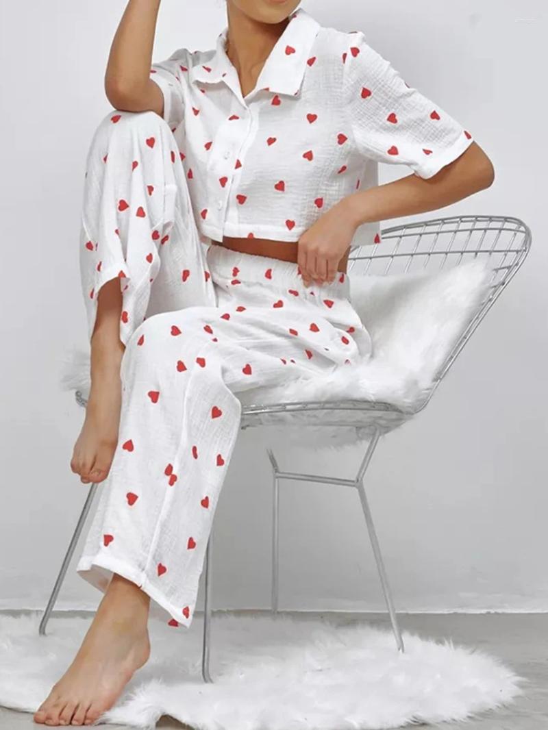 Vêtements de nuit pour femmes Marthaqiqi Love Impression Dames Pyjama Costume À Manches Courtes Pyjama Col Rabattu Nuisette Crop Top Pantalon De Nuit