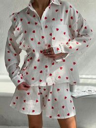 Dames nachtkleding Marthaqiqi Bedrukken Damespak Pyjama met lange mouwen Omgeslagen kraag Nachtkleding Shorts Casual dames nachtjapon 2-delige set