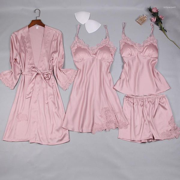 Vêtements de nuit pour femmes MECHCITIZ 4 pièces ensemble de pyjamas pour femmes peignoir chemise de nuit hauts pantalons courts Robe en soie Sexy pyjamas été Pijamas