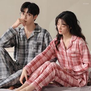 Vêtements de nuit pour femmes et hommes, ensemble pyjama Simple à manches longues en coton, vêtements d'extérieur de loisirs doux, vêtements de détente à carreaux pour automne et hiver