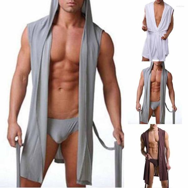 Vêtements de nuit pour femmes hommes Robe d'été Robe de bain Sexy pyjamas Hombre sans manches à capuche décontracté Kimono peignoir chemise de nuit couleur unie